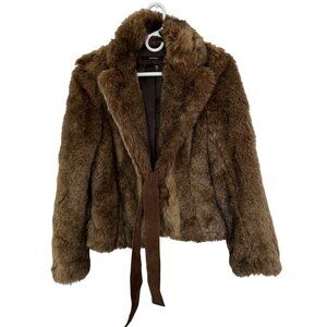 Zara Womens Faux Fur Short Jacket Coat Suede Tie Front Size M Brown